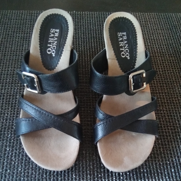 Franco Sarto Black Leather Wedge Heel Sandals - Picture 2 of 8